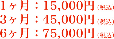 1ヶ月：15,000円（税込）3ヶ月：45,000円（税込）6ヶ月：75,000円（税込）